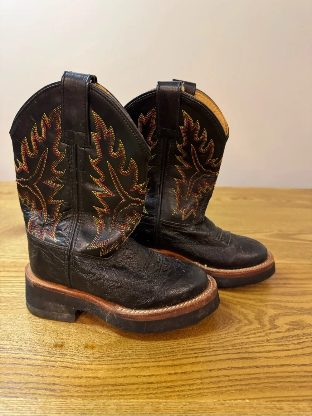 Old West Black Kids Cowboy Boots with Multicolor Flame Stitching 9.5C
